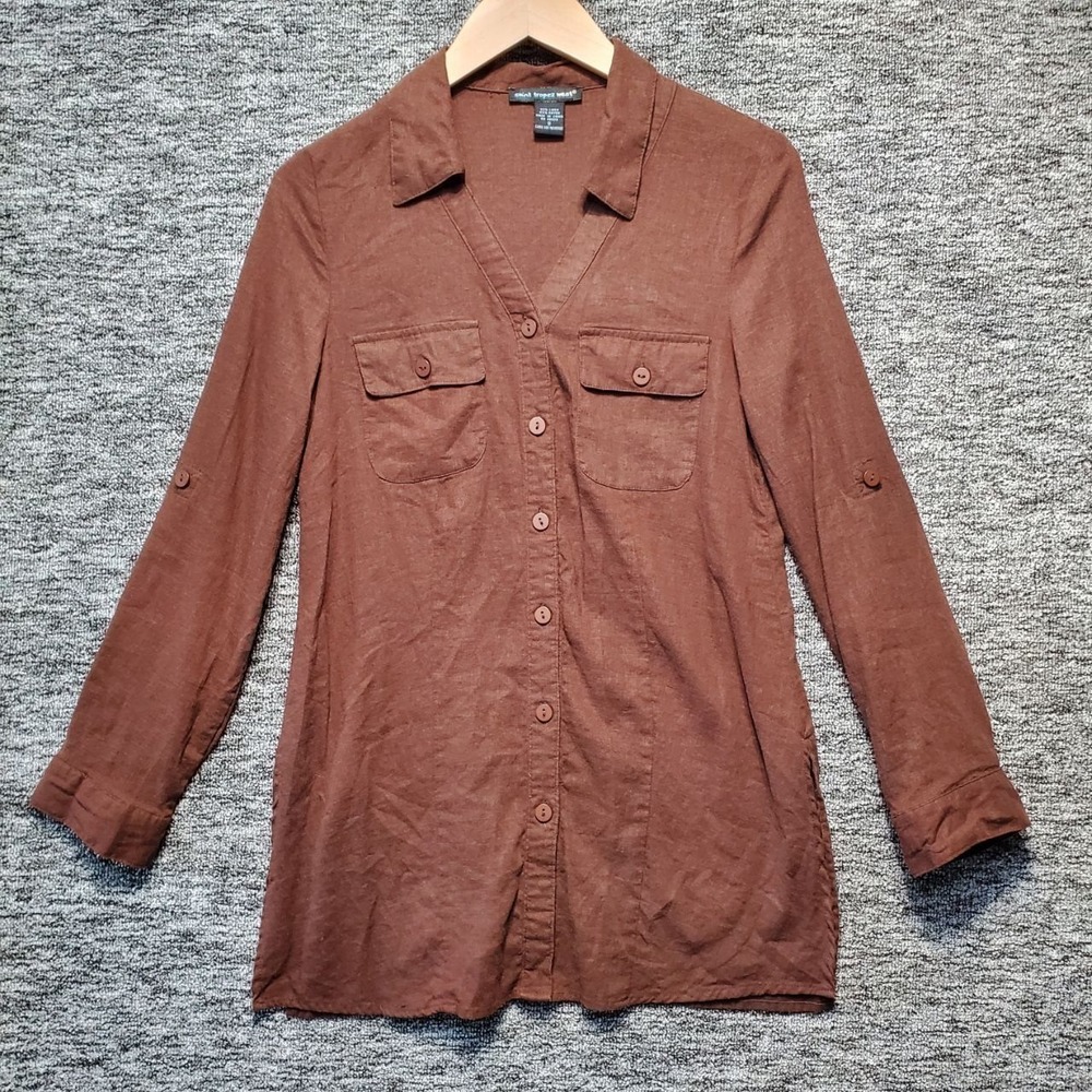 Saint Tropez West Tunic Blouse Womens‎ Small Brown Linen Roll Tab Utility Safari